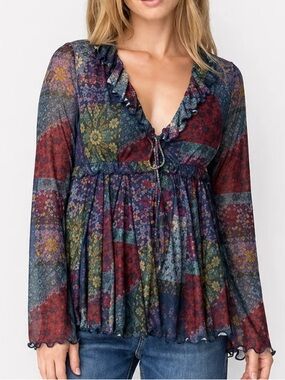 NATURAL LIFE Multicolor Patchwork Ruffle Mesh Blouse Sz L
